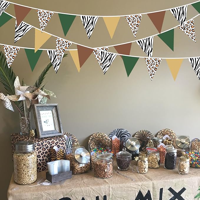 32Ft Jungle Safari Party Decorations Sage Green Brown Wild Animal Leopard Zebra Print Triangle Flag Fabric Banner Pennant Garland Streamers for Cheetah Birthday Baby Shower Party Decor Supplies