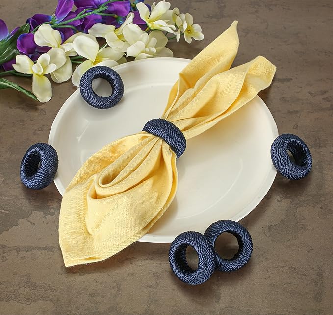 Rustic Napkin Rings Set of 12 - Rayon Napkin Holders for Table Decor, Weddings, Dinner Parties & Everyday Dining - Farmhouse Boho Napkin Rings (Blue) - CLEENTABLE