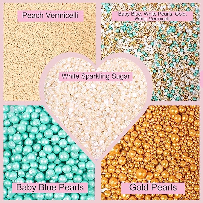Confect Sprinkles- Fairytale Frozen Cake Decorating Sprinkles – Teal, White & Glittering Gold Pearl Dragees, Pearl Jimmies & White Sparkling Sugar – Edible Sprinkle Mix for Cakes, Cupcakes, Cookies & Party Desserts- Vegan, Gluten-Free, Nut-Free, Soy-Fr...
