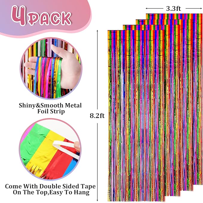 4 Pack 3.3x8.2 Feet Rainbow Foil Fringe Backdrop Curtains, Tinsel Streamers Birthday Party Decorations, Fringe Backdrop for Graduation, Baby Shower, Gender Reveal, Disco Party