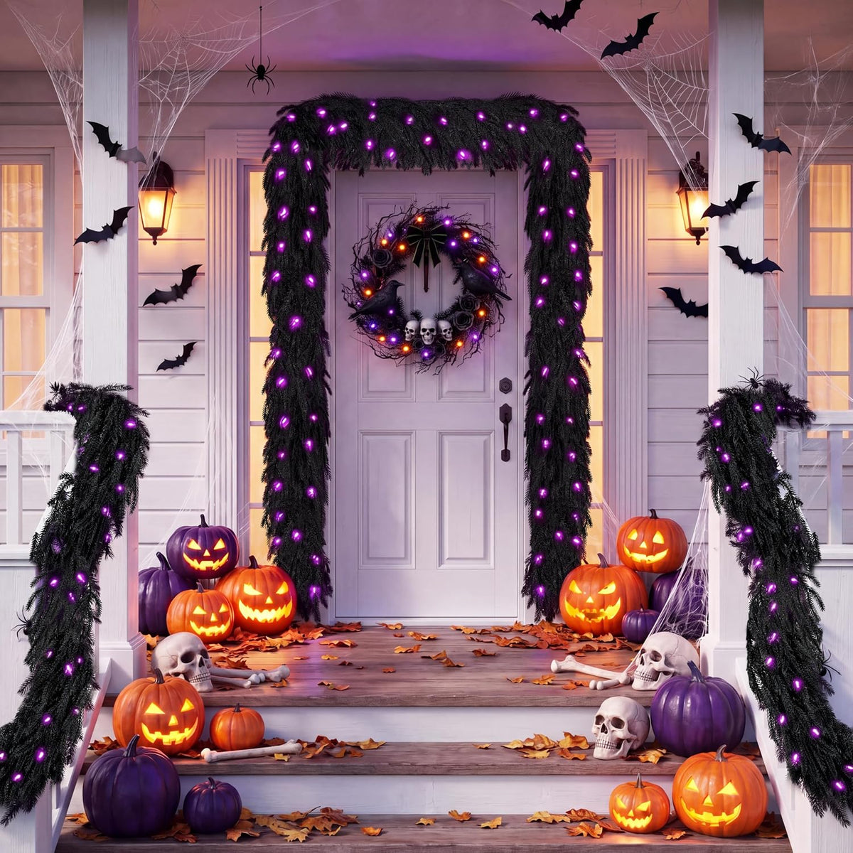 doiown pre-lit 6ft black norfolk pine halloween garland, front angle view