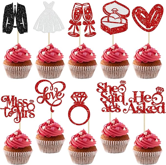 Gyufise 30Pcs She Said Yes Cupcake Toppers Glitter Diamond Ring I Do Love Cupcake Picks Miss to Mrs He Asked Bridal Shower Wedding Engagement Bachelorette Cake Decoration Red
