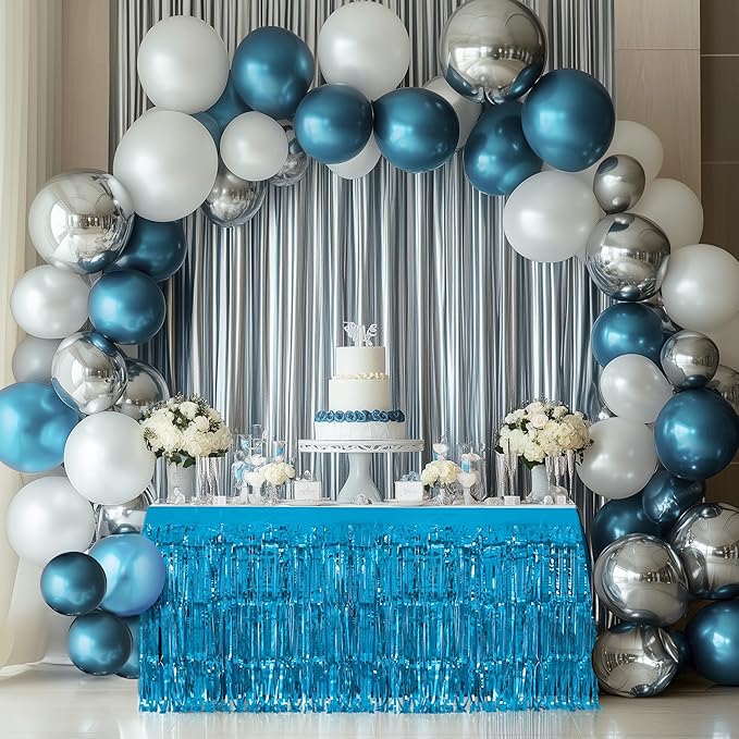 2 Pack Lake Blue Table Skirts, 29x108" Metallic Foil Tinsel Fringe Table Skirts for Rectangle Tables Streamer Curtains Backdrop, Party Decorations for Birthdays Weddings Holidays