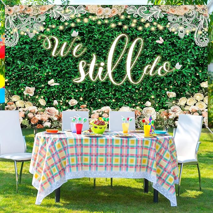 We Still Do Backdrop Green Leaves Lace Wedding Anniversary Photography Background Engagement Vow Renewal Bachelorette Party Decoration Banner Photo Booth Studio Props 10x7ft FU065YL