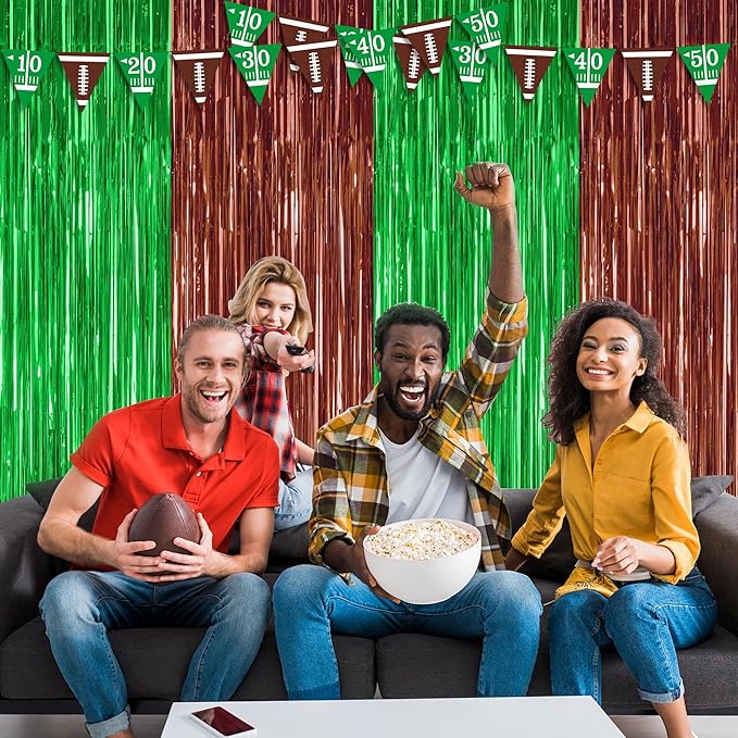 2 Pack Football Party Decorations, 3.28 FT x 7.05 FT Tinsel Backdrop, Brown Green Foil Fringe Curtains Metallic Party Streamer, Football Party Supplies Game Day Decorations 2025