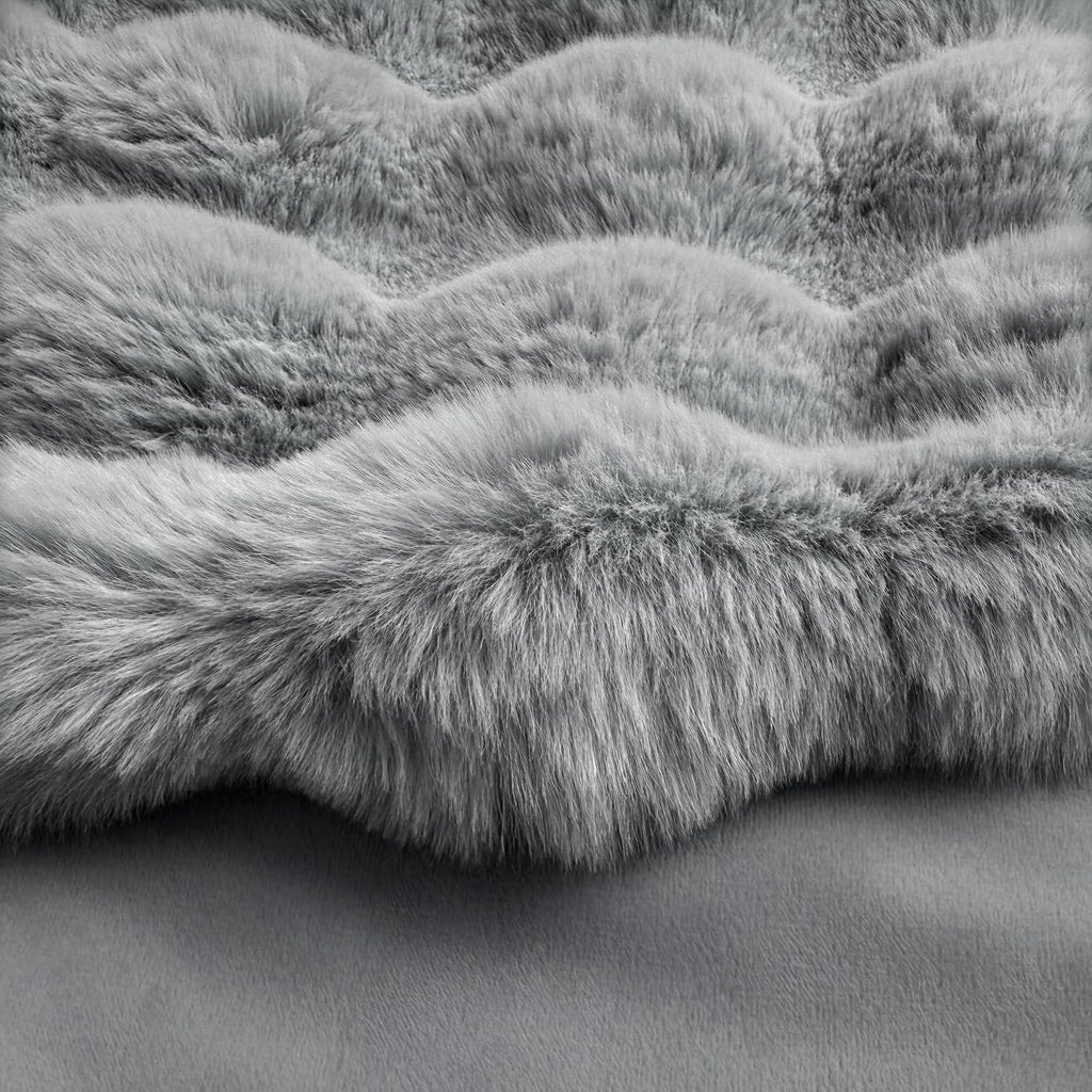 36-Inch Puff Quilt Faux Fur Christmas Tree Skirt, Soft Plush Tufted Texture with Satin Ribbon Ties, Cloud Gray