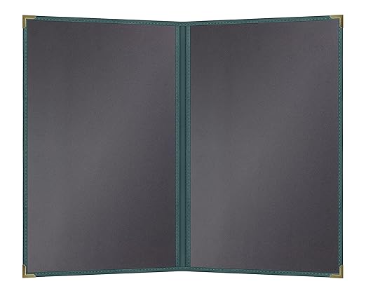 Goodsmart Pajco Style Restaurant Menu Covers – Pack of 10, Side-Loading Menu Holders, Single Stitched Edge, Clear Vinyl Menu Sleeves, Leatherette Trim, Gold Corners, Green, 2 View (8.5" x 14")