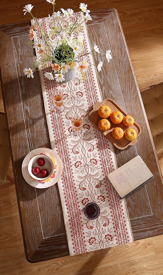 ISAENNE Designer Vintage Linen Table Runner 87 Inches Long,Red Floral Pattern Modern Decor Table Runners for Dining Tables,Thanksgiving,Kitchen Tables,Christmas,Banquet,12"*87"-Chamonix A