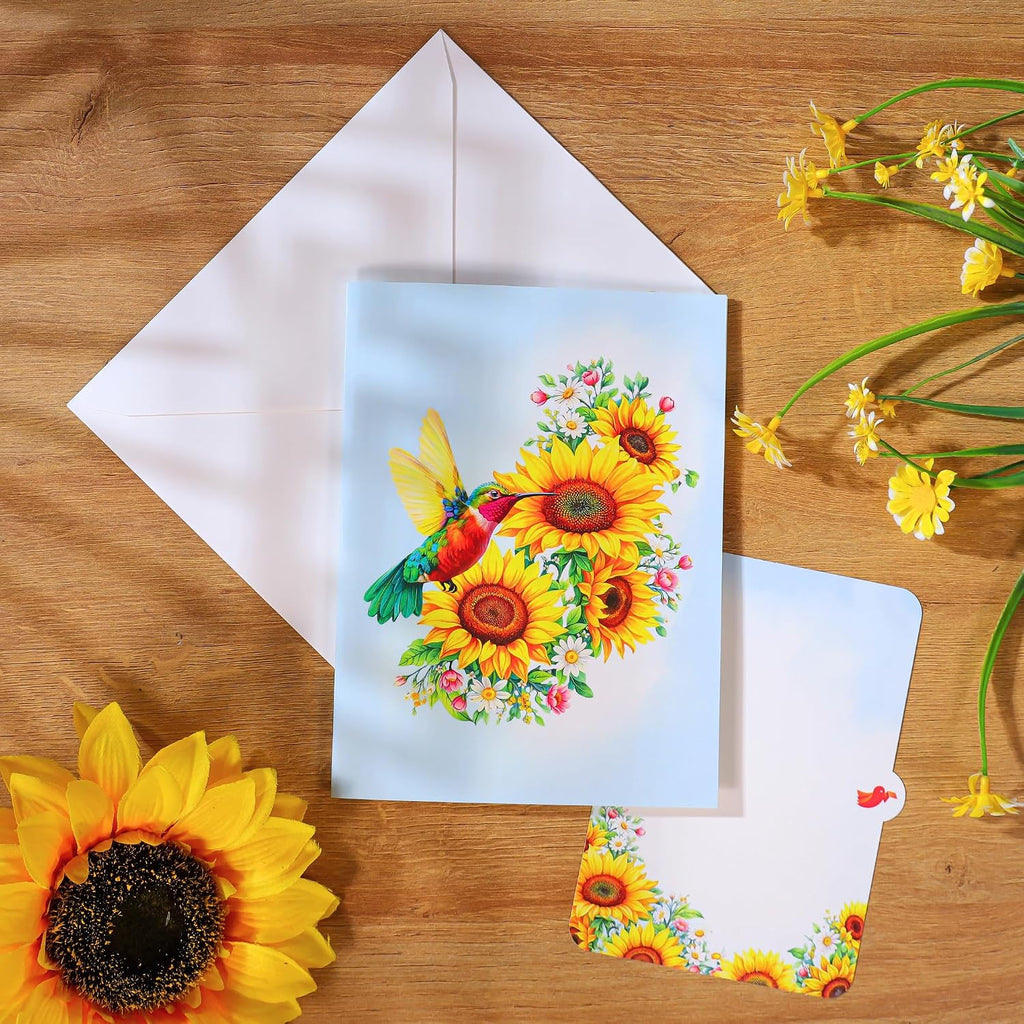 Hummingbird Sunflower Birthday Cards, 3D Pop Up Birthday Card for Women, Mom, Wife, Daughter, Her, Sister, Girlfriend, Grandma, Ideal Gift for Mother's Day, Valentines, Thank You, Get Well, 6x8 in