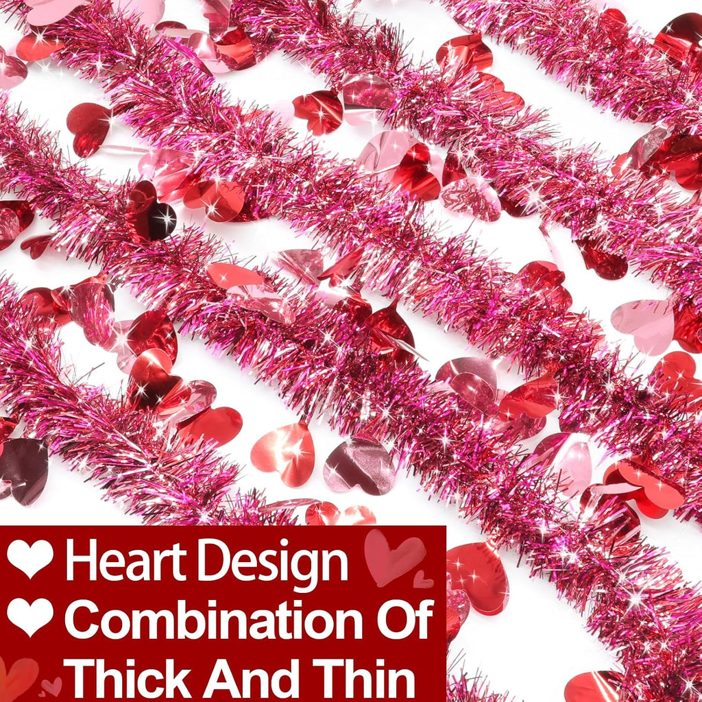 TURNMEON 2 Strings Total 66 Feet Valentines Heart Tinsel Garland Decorations Red Pink Twist Garland Metallic Streamer Valentine's Day Decorations Home Tree Indoor Outdoor Wedding Hanging Decor