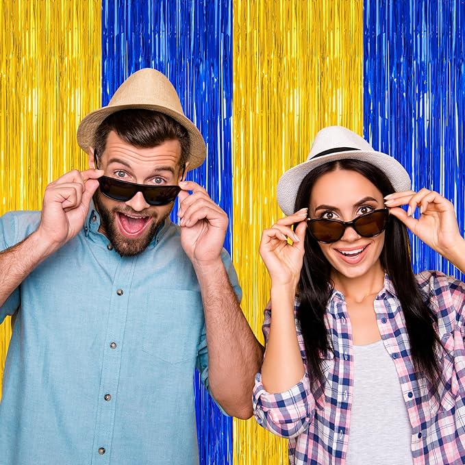 2 Pack Graduation Backdrop, 3.28 FT x 7.05 FT Class of 2025 Decorations, Blue Gold Fringe Curtains Tinsel Backdrop Party Streamer, Metallic Blue and Gold Graduation Decorations 2025