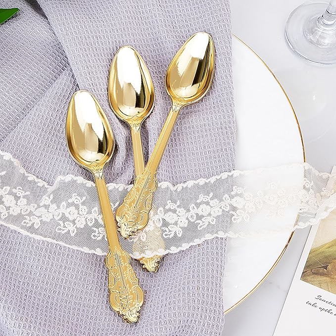WDF 100 Piece Gold Plastic Spoons Disposable - 6.93 Inch Baroque Gold Spoons Plastic Silverware for Dessert Cake - Heavy Duty for Thanksgiving Party, Wedding or Daily Using