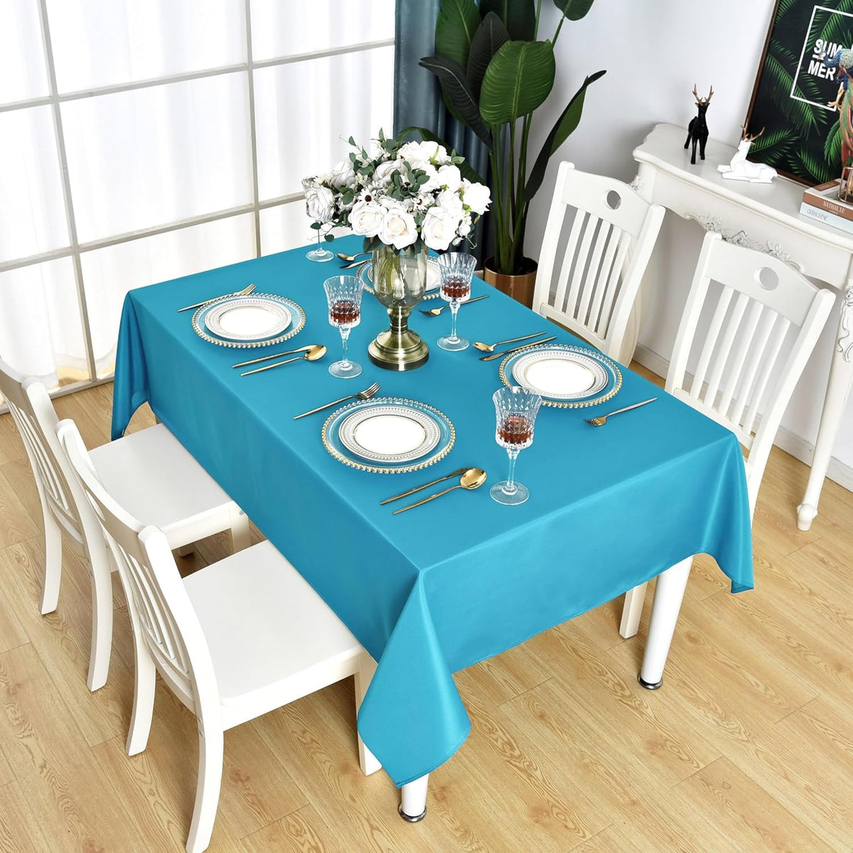 Teal Rectangle Tablecloth Waterproof Table Cloth, 90 x 132 inch