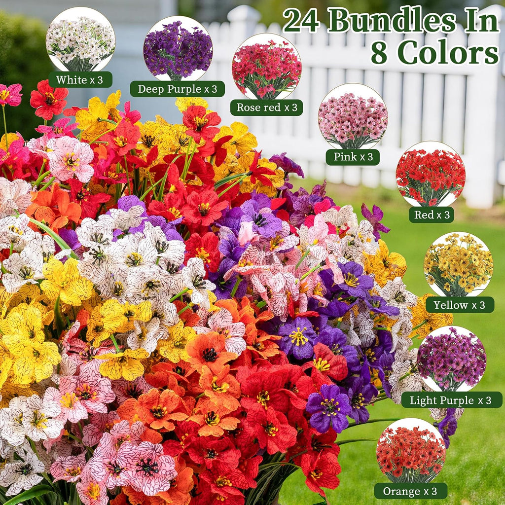 24 Bundles Artificial Flowers for Outdoors/Indoors, Fake Flowers Plants for Indoor Outside Garden Porch Window Box Home Wedding Farmhouse(8 Color)