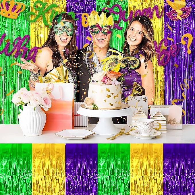 3 Pack Gold Green Purple Foil Fringe Table Skirts Metallic Tinsel Streamers Garland Banner Backdrop for Table Decor, Parade Float, Birthday, Wedding, Halloween, Christmas Party Decorations(29x108 In)