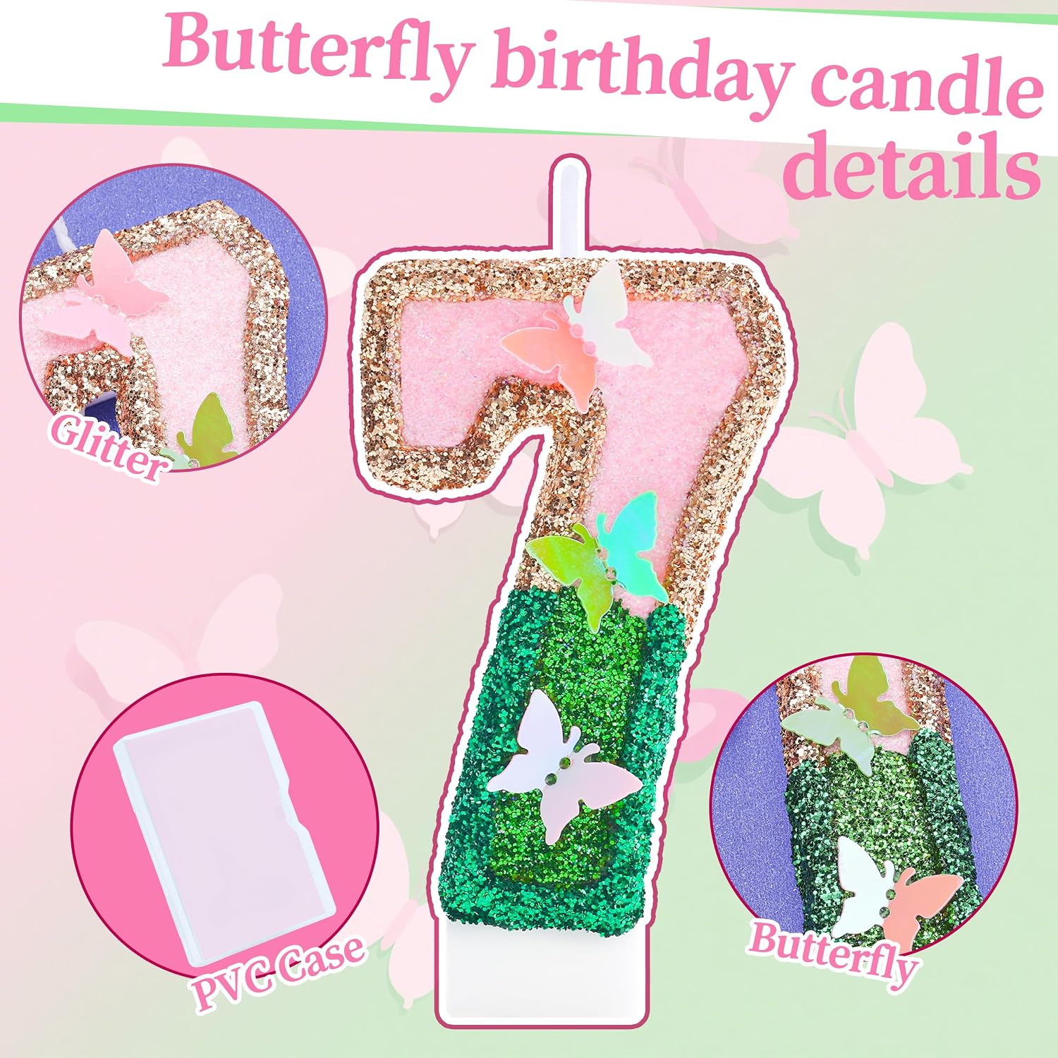 Butterfly Birthday Candles Numbers for Cakes, Pink and Green Party Decorations, Birthday Party Glitter Number 7 Candle Cake Topper with Sequins for Girls Women Anniversary Celebrations Supplies