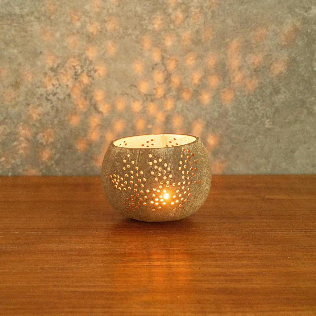 Restaurantware-Coco Casa 4 x 3.3 Inch Coconut Shell Candle Holders, 10 Reusable Tealight Holders - Candle Not Included, Leaf Pattern, Brown Coconut Bowls For Candles, Handcrafted