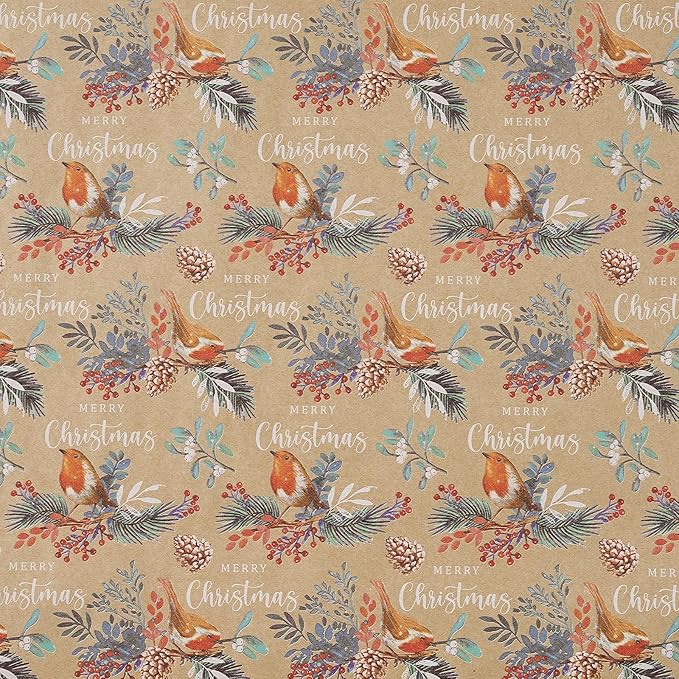 RUSPEPA Kraft Christmas Wrapping Paper Roll, Mini Roll, Vintage Bird on Pine Branch Design with Merry Christmas, Natural Scene Gift Wrap for Women, Friends, Family, Xmas Gifts, 17 Inches x 16.4 Feet