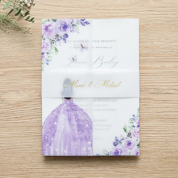 PONATIA 50 PCS Vellum Jackets for 5x7 Invitations - Vellum Paper 5x7 Jackets - 135GSM Purple Girl Flowers Quinceanera Invitation Transparent Wraps (Purple Girl)