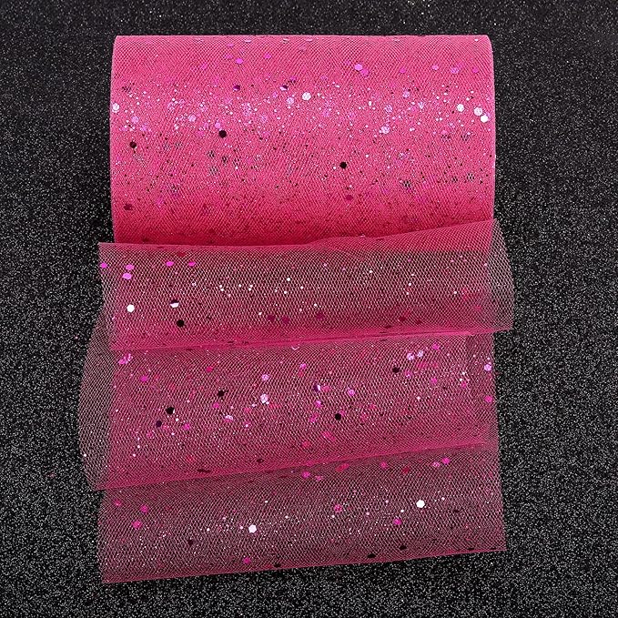 Glitter Tulle Rolls, 6” by 50 Yards (150FT) Sparkling Tulle Spool Ribbon Sequin Tulle Netting Fabric for Tutu Skirt Wedding Birthday Baby Shower (Rose Red)