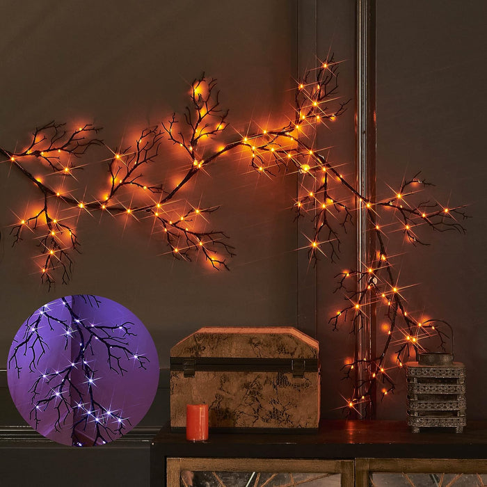 LITBLOOM Halloween Garland Lights 8 Functions 120 Orange and Purple Bi-Color Fairy Lights, Lighted Black Garland Battery Operated for Fall Halloween Decor Inside Outdoor