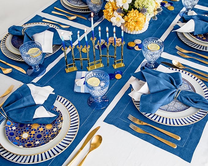 Solino Home Linen Table Runner 48 Inches - 100% Pure Linen Indigo Blue Hemstitch Table Runner 14 x 48 Inch Ideal for Dresser and Coffee Tables - Fall, Autumn, Christmas, Holiday - Classic Hemstitch