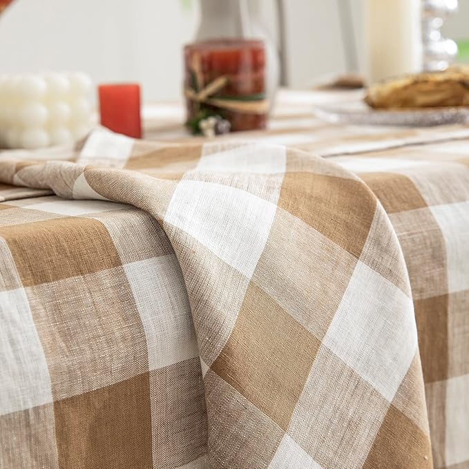 EVERLY 100% Yarn-Dyed Linen Rectangle Tablecloths 60x108Inches for Dining,Buffet Parties,Picnic,Events and Restaurants,Decorative Halloween,Thanksgiving Machine Washable Tablecloths-Brown Plaid