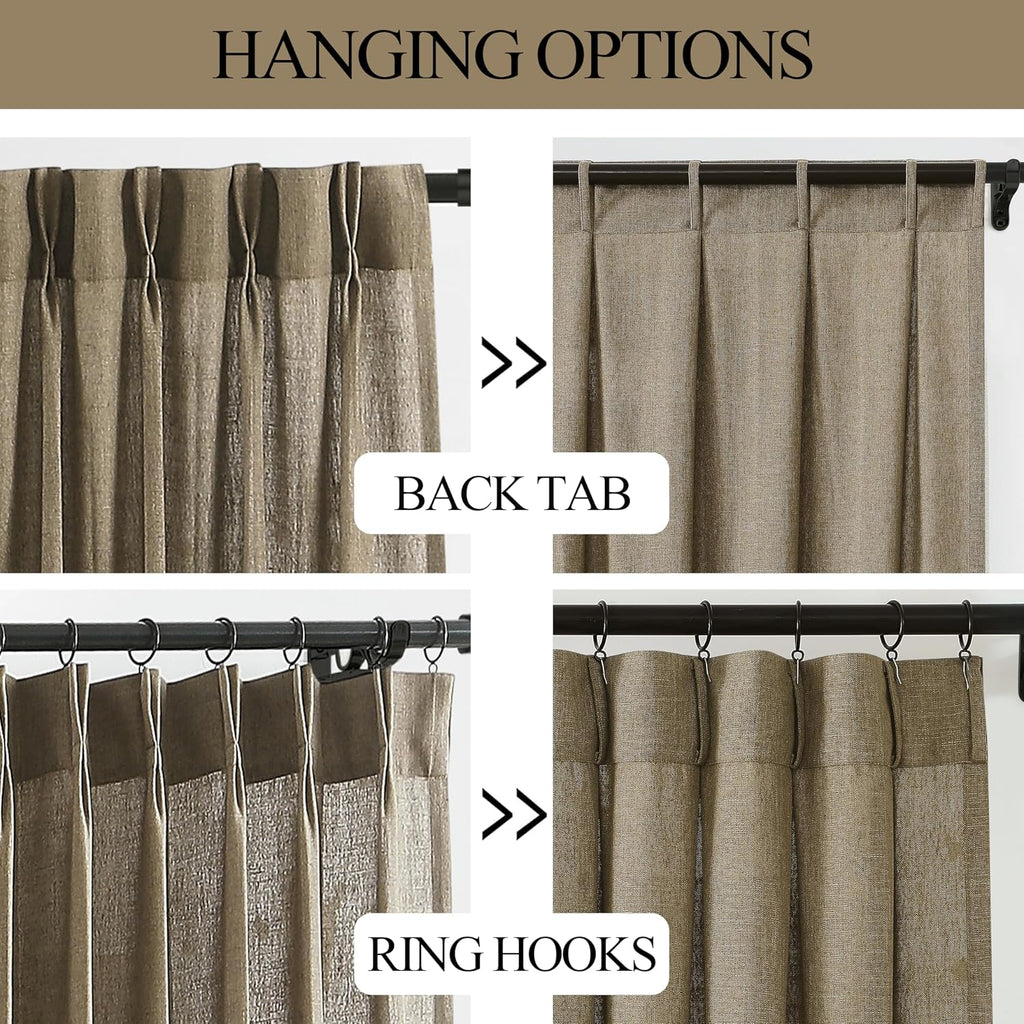 vision home brown linen pinch pleated semi sheer, close-up detail