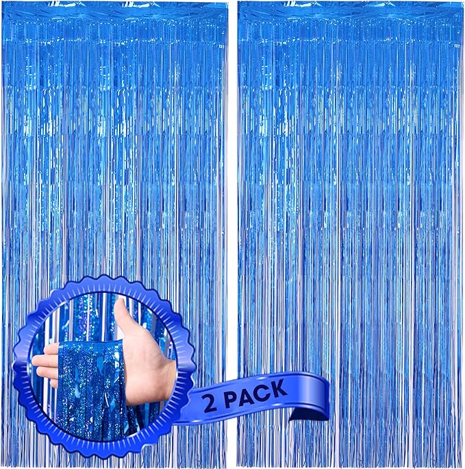 2 Pack Laser Blue Foil Fringe Backdrop Curtains, Tinsel Streamers Birthday Party Decorations, Fringe Backdrop for Graduation, Baby Shower, Gender Reveal, Disco Party