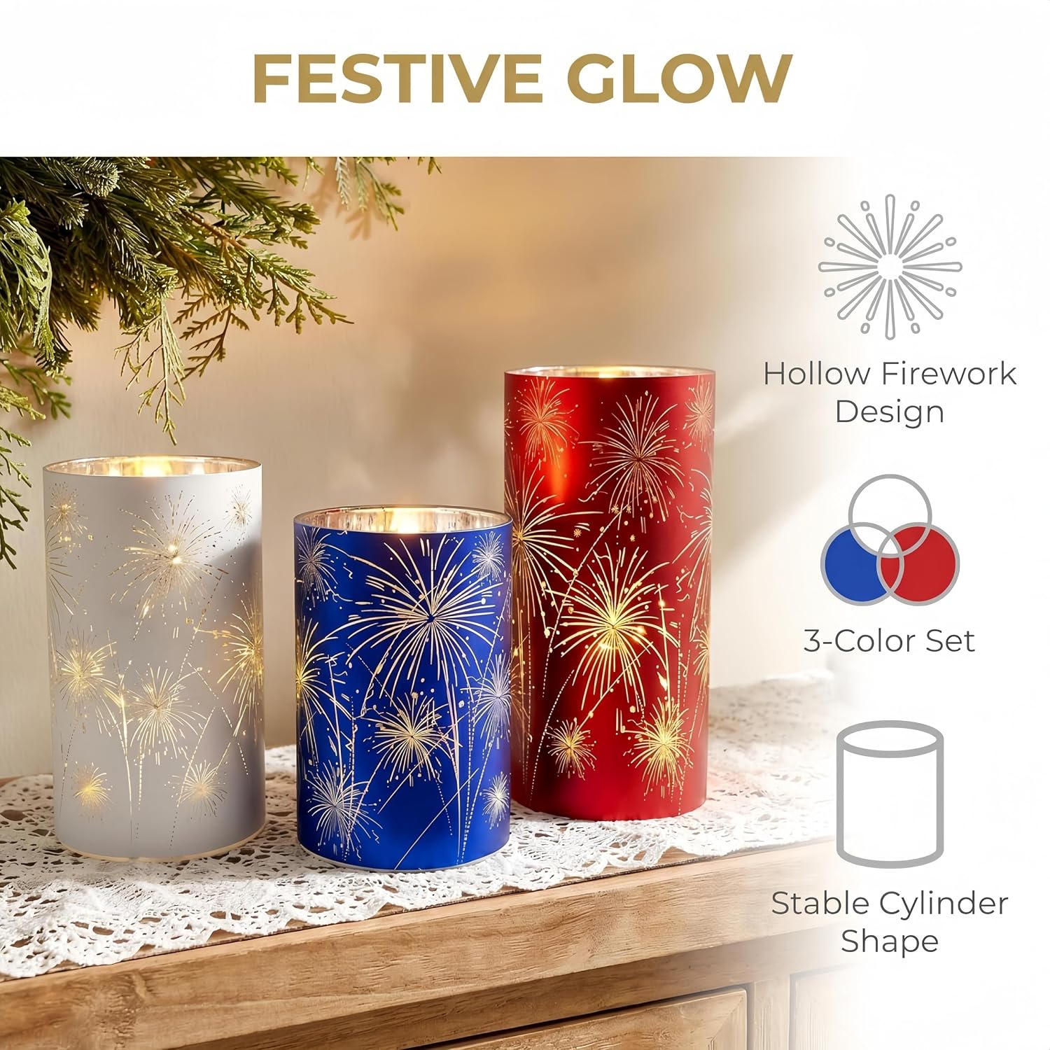 Set of 3 Red White and Blue Celebration Hurricane Firework Lanterns | 3D Etched Starburst Patriotic Led Candles Lights Hurricanes for Birthday Wedding Christmas Parties Chic Modern Home Decor