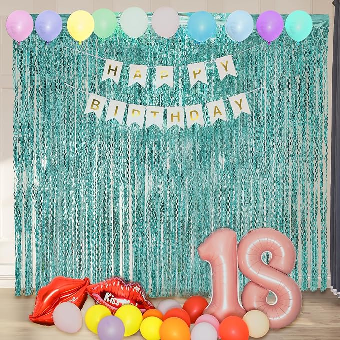 4 Pack 3.3 ft x 6.6 ft Wavy Aqua Teal Blue Tinsel Foil Fringe Curtains Backdrop - Wave Metallic Foil Curtains for Wedding Girl Princess Bachelorette Euphoria Theme Party Decoration