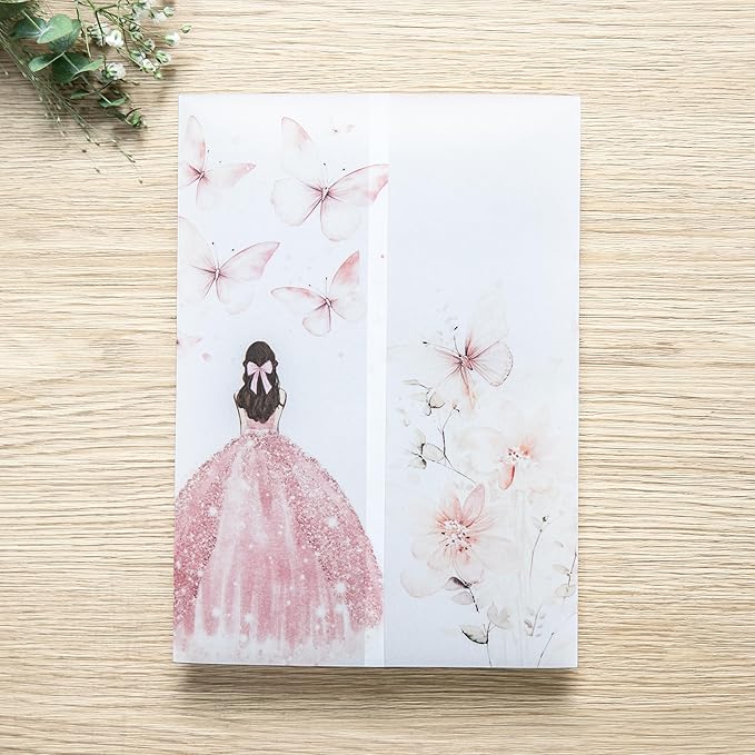 PONATIA 50 PCS Vellum Jackets for 5x7 Invitations - 135GSM Pink Girl Vellum Jacket Sleeves - Butterfly Quinceanera Invitations Wraps for XV Anos