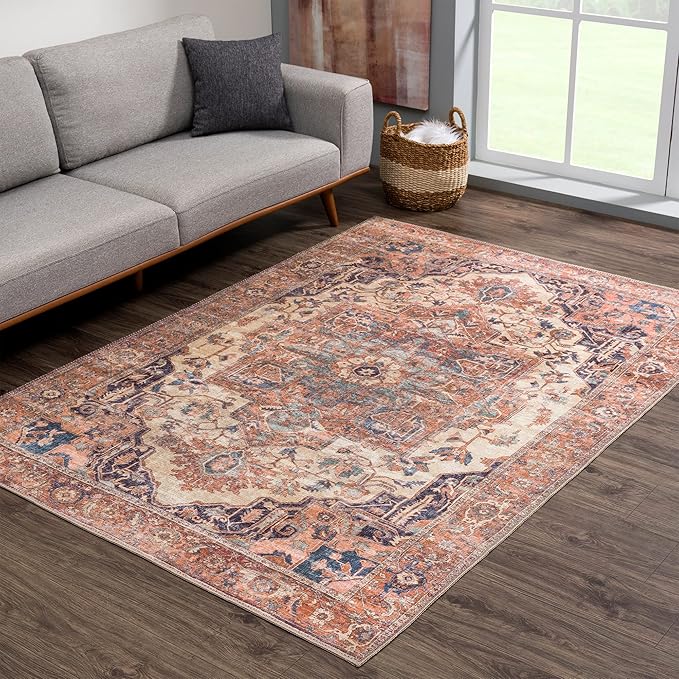 Bloom Rugs Washable 8' x 10' Rug - Beige/Terracotta Traditional Area Rug for Living Room, Bedroom, Dining Room, and Kitchen - Exact Size: 8' x 10'