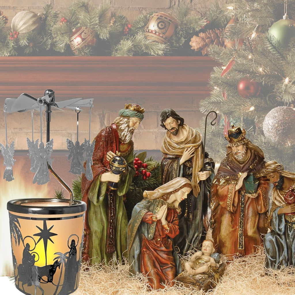 Spinning Angels Christmas Candle Holder - Holy Family Scene - Scandinavian Style -Measures 6.25" x 2.5" and Includes a Smokeless Candle.