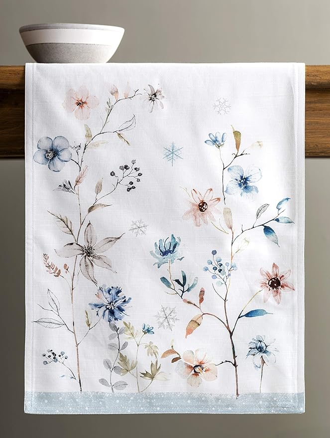 Maison d' Hermine Table Runner 100% Cotton Double Layer Table Runners 72 inches Long for Thanksgiving Christmas Decorations Home Kitchen Dining Party Wedding (Ice Florals, 14.5" x 72")