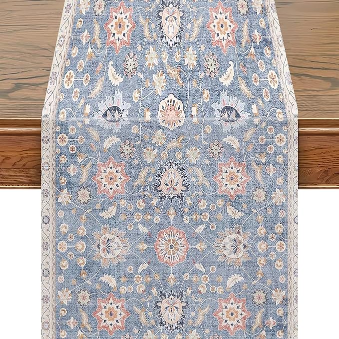Snycler Table Runner Boho Table Runners Vintage Elegant Farmhouse Table Center Linen Decor for Home Dining Party Entrance (13x108 Inch) Blue