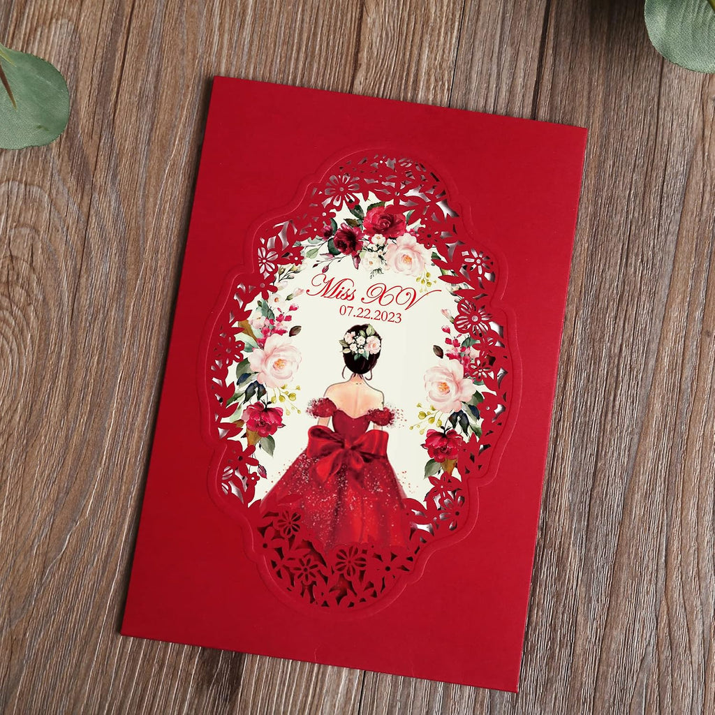 DORIS HOME 50Pcs Personalized Laser Cut Wedding Invitations, Red | 5"x7.3", Customized Quince Invitations, For 15th Birthday, Sweet 16, With Envelopes