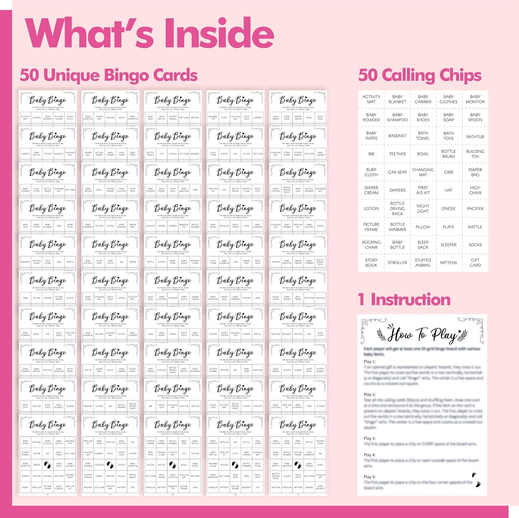 Baby Shower Bingo Game, 50 Bingo Cards Perforated Calling Cards Bingo Games for Baby Shower, Bridal Wedding Shower (White)