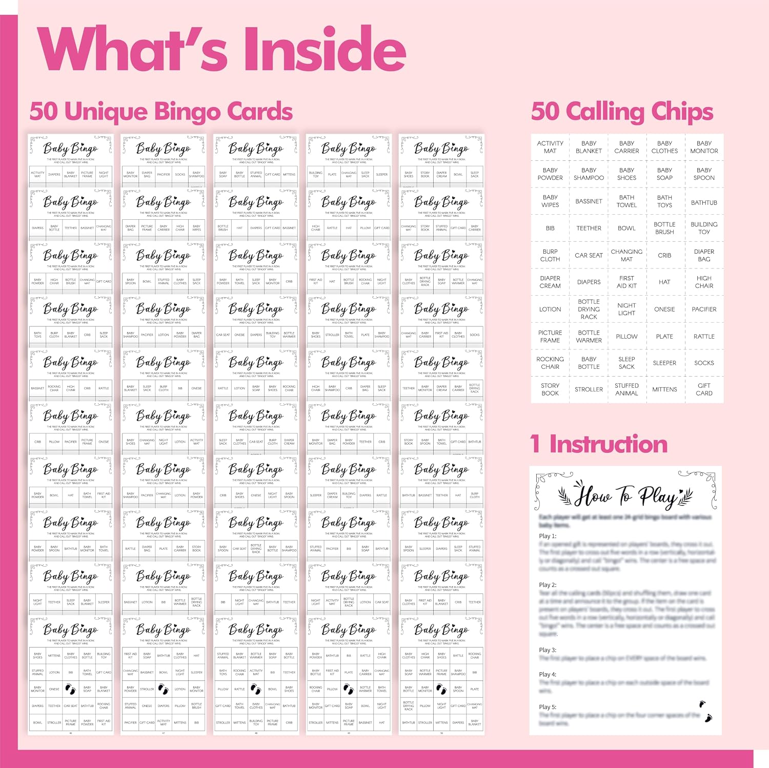 Baby Shower Bingo Game, 50 Bingo Cards Perforated Calling Cards Bingo Games for Baby Shower, Bridal Wedding Shower (White)