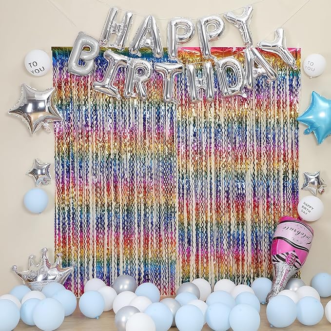 3 Pack Colorful Foil Fringe Curtain Backdrop - 6.6 x 3.3 ft Wavy Rainbow Tinsel Backdrop Curtain Metallic Streamers Iridescent Holiday Photo Booth Party Decorations
