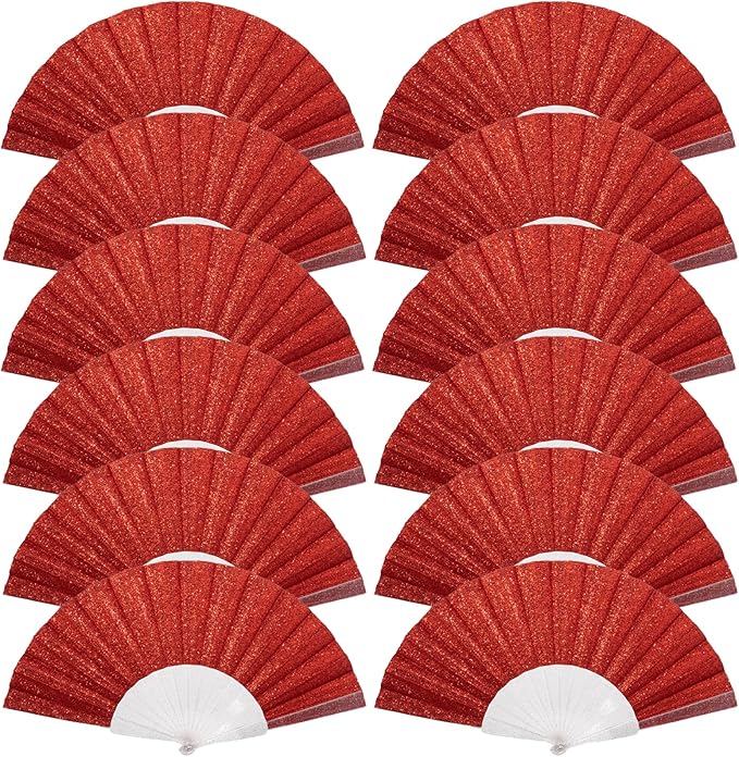 12 Pack Handheld Fan,Folding Hand Glitter Fan with Shining Transparent Fan Rib – Ideal for Wedding, Church, Festival, Dance, Tea Party, Club, and EDM Accessories, Red