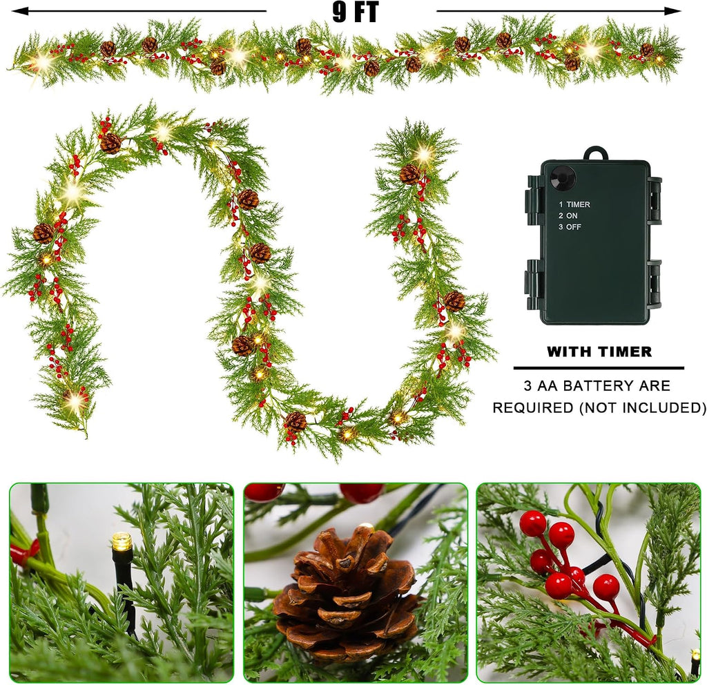 lulu home 9ft pre-lit christmas garland, 30 leds shown in use