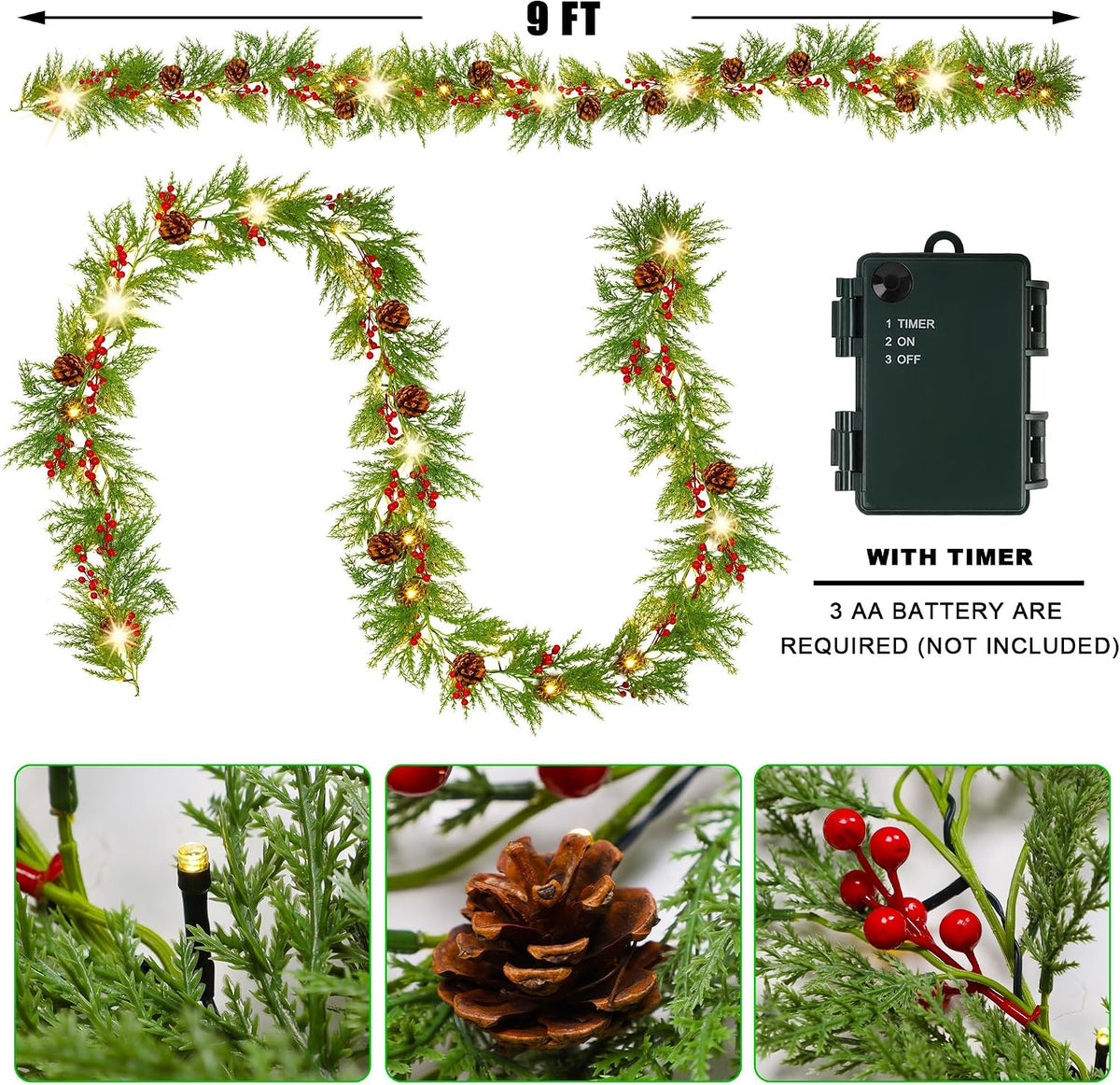lulu home 9ft pre-lit christmas garland, 30 leds shown in use
