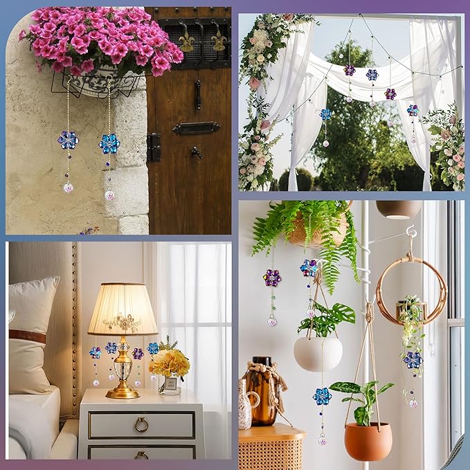 HDCRYSTALGIFTS 4pcs Crystal Flower Suncatchers for Window Hanging Ornaments, Rainbow Maker Crystal Sun Catchers Indoor Window Outdoor Patio Garden Decor Gifts (Multicolor)