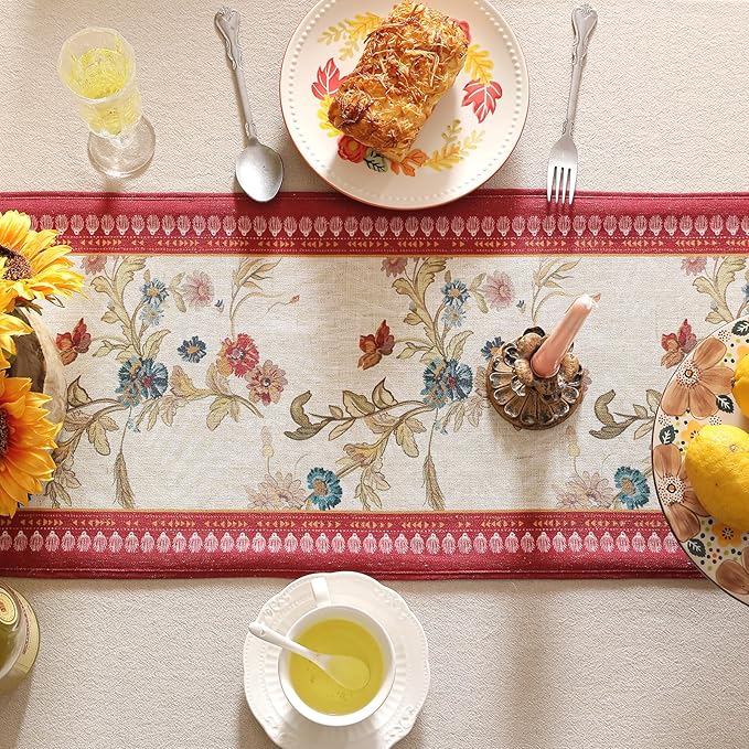 patdrea Designer Farmhouse Linen Extra Long Table Runner,Rustic Cottage Mauve with Rooster and Floral Pattern Fabric Table Mat,Decoration for Kitchen Dining Christmas New Year Banquet, 12"*118"