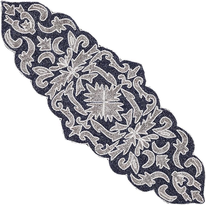 Decorative Beaded Table Runner - 36" Glass Beads & Polyester Table Runner Ideal for Dining, Décor, Luxury Table Centerpiece for Weddings, Holidays & Modern Home Accents (Blue Silver) - CLEENTABLE
