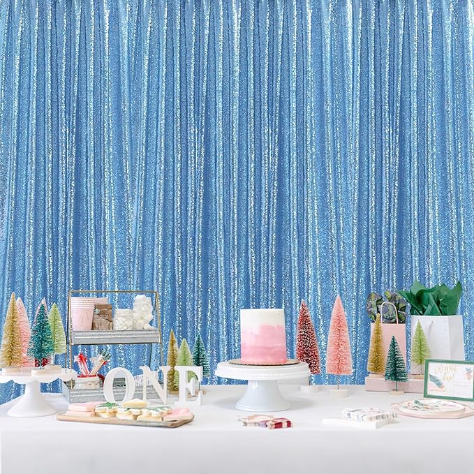 Sequin Backdrop Drapes 3 Panels Fabric Curtain 2FT x 8FT Baby Blue Wedding Photo Backdrop for Birthday Party Photography Background Home Decorations
