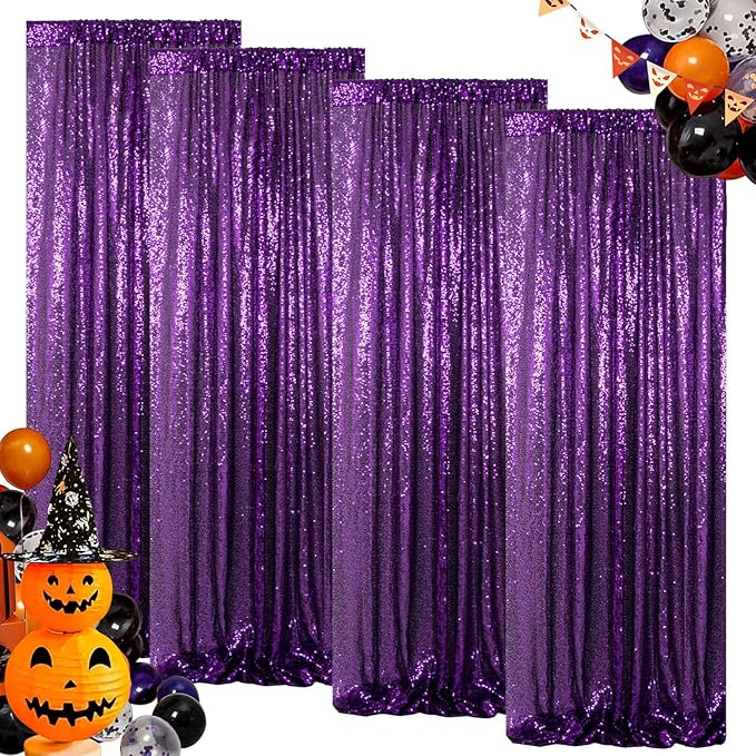 ShinyBeauty 4 Panels Purple Sequin Curtains | 2Ft x 8Ft Sparkle Photo Backdrop | Shimmer Background for Parties & Events | Mermaid Theme | Durable & Elegant Fabric Backdrop