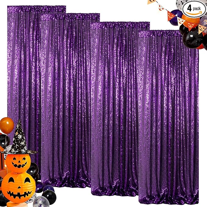 ShinyBeauty Sequin Backdrop Curtains 4 Panels Purple 2FTx8FT Sequin Fabric Photo Backdrop Curtains Purple Glitter Curtains for Party