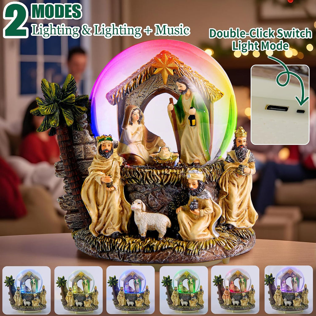 Nativity Christmas Snow Globe Lantern, Musical Snow Globe with Lighted Nativity Scene, Large Snow Globe for Christmas Decorations Indoor for Home